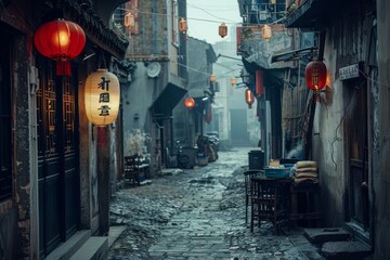 Futuristic cyberpunk cityscape  a dystopian night scene with rain and fog in empty streets