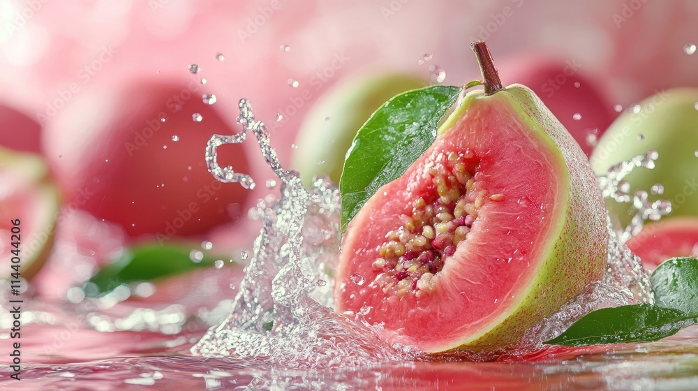 Poster refreshing red guava splashing in water with vibrant colors showcasing freshness and vitality in a b