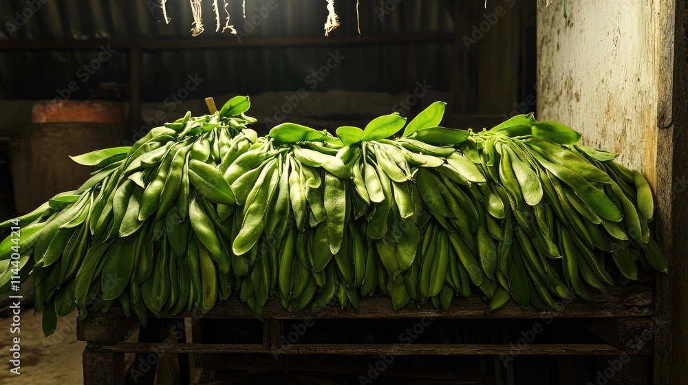 Poster Freshly harvested broad beans displayed on a rustic wooden table in a dimly lit storage setting showcasing seasonal produce.