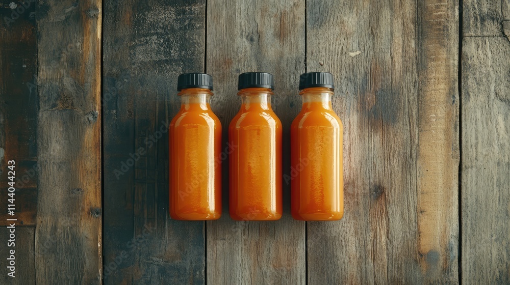 Poster fresh bottled carrot juice on a rustic wooden table background showcasing vibrant color and natural 