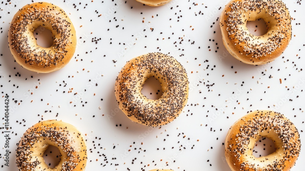 Aufkleber assorted bagels topped with poppy seeds arranged on a white background showcasing a fresh and appeti
