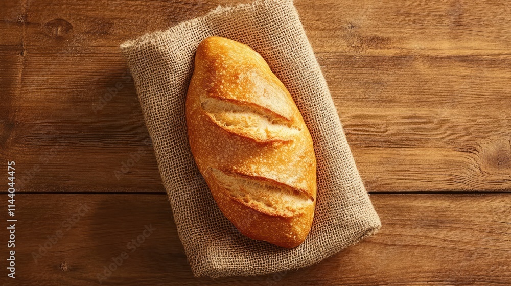 Poster Freshly baked artisan bread on burlap sack resting on rustic wooden table with ample space for adding text or branding