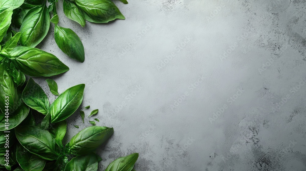 Poster fresh green basil leaves arranged on a textured gray background creating a natural and minimalist ae