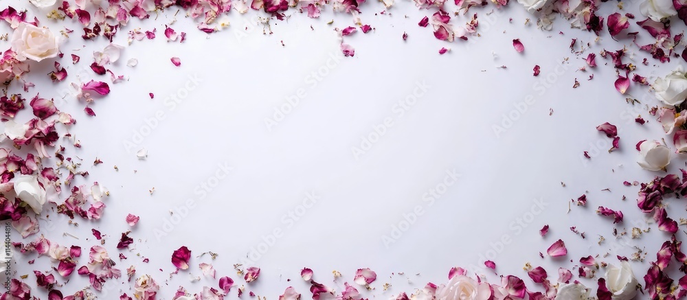 Poster Elegant floral arrangement with colored petals on white background creating a serene festive backdrop with ample blank space for text.