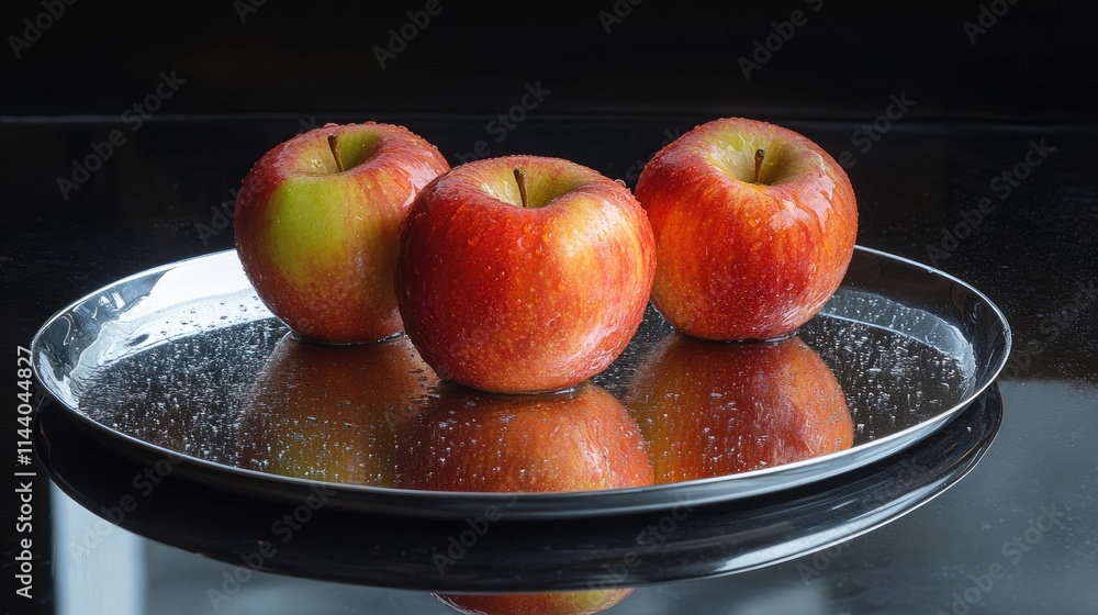 Poster Three fresh red apples with dew drops on a mirrored surface creating vibrant reflections and water splashes against a dark background.