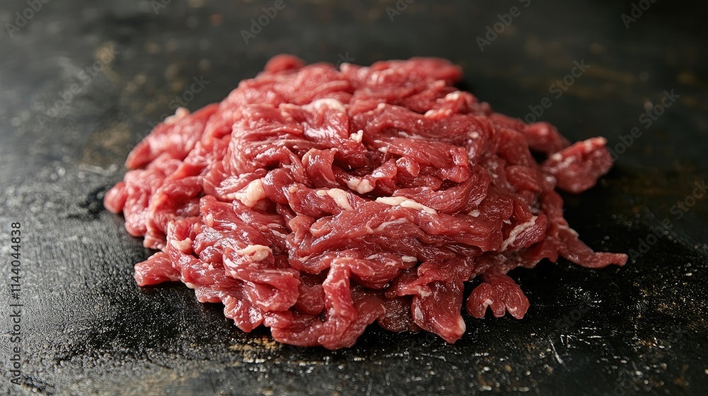 Aufkleber raw sliced beef ready for preparation on a dark textured surface for gourmet cooking or meal prepara