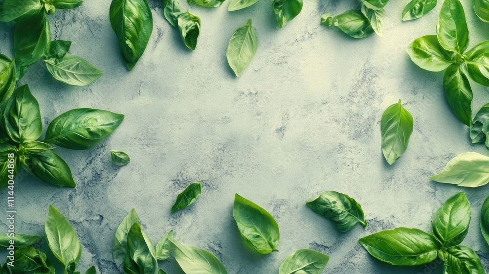 Poster fresh basil leaves arranged on a textured gray background creating a natural and vibrant culinary sc