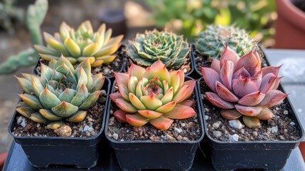 Fototapeta premium Vibrant succulent plants in black pots showcasing a variety of colors and textures in a garden setting. Perfect for home decor inspiration.