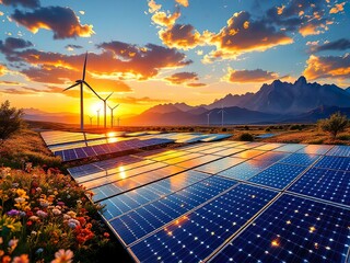 Futuristic Solar Farm at Sunset with Wind Turbines and Lush Greenery
