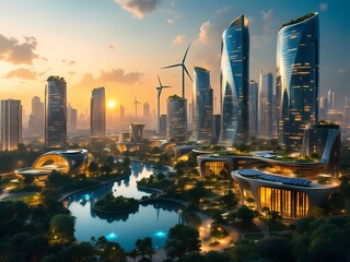 Sustainable Green Energy Future City at Night