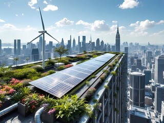 Urban Rooftop Garden with Solar Panels and Wind Turbines