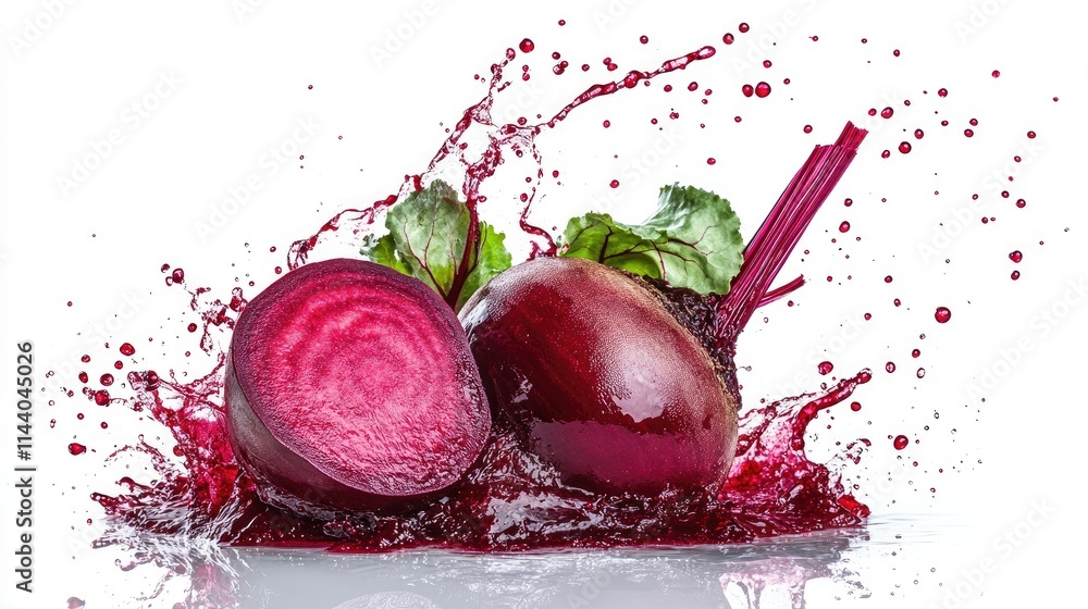 Poster fresh beetroot juice splash with whole and sliced beets on white background capturing healthy bevera