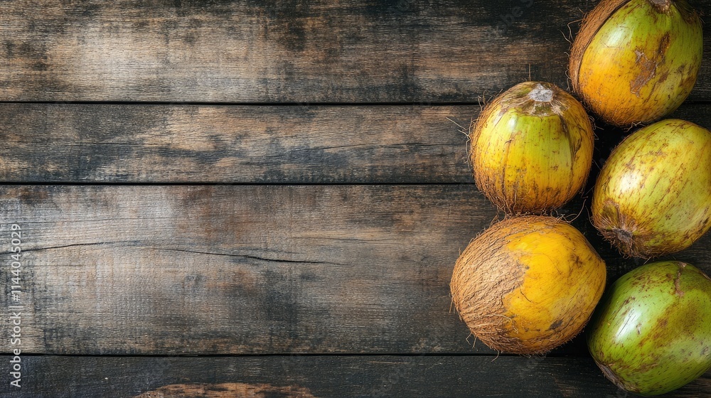 Poster ripe coconuts arranged on rustic wooden surface showcasing natural textures and colors in a vibrant 