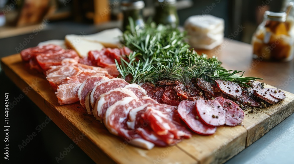 Poster assorted butcher cut meats with fresh rosemary on wooden table showcasing a rustic culinary presenta
