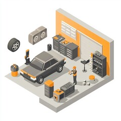 Isometric Infographic of Mechanic Repairing Car in Garage with Tools and Equipment