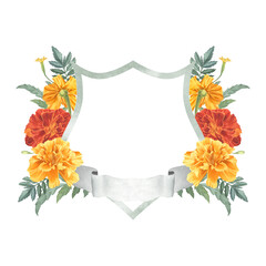 Marigolds with crest and ribbon watercolor illustration. Garden flowers tagetes with frame. Floral arrangement from cempasuchil. Template for Diwali celebration, wedding invitations and save the date