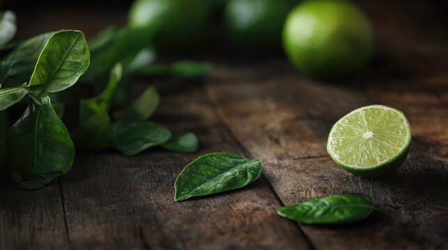 Bergamot fruit and leaves arranged on rustic wooden table with selective focus and ample copy space for culinary or wellness themes