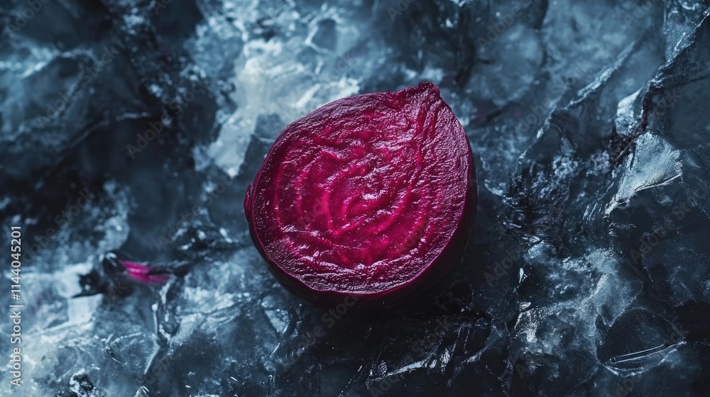 Poster fresh beetroot slice on ice background showcasing vibrant color and texture for culinary or health-f