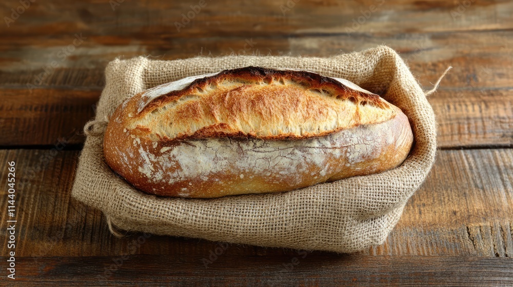 Aufkleber Artisan bread loaf in burlap sack on rustic wooden table top with ample space for text and design elements. Ideal for food advertising.