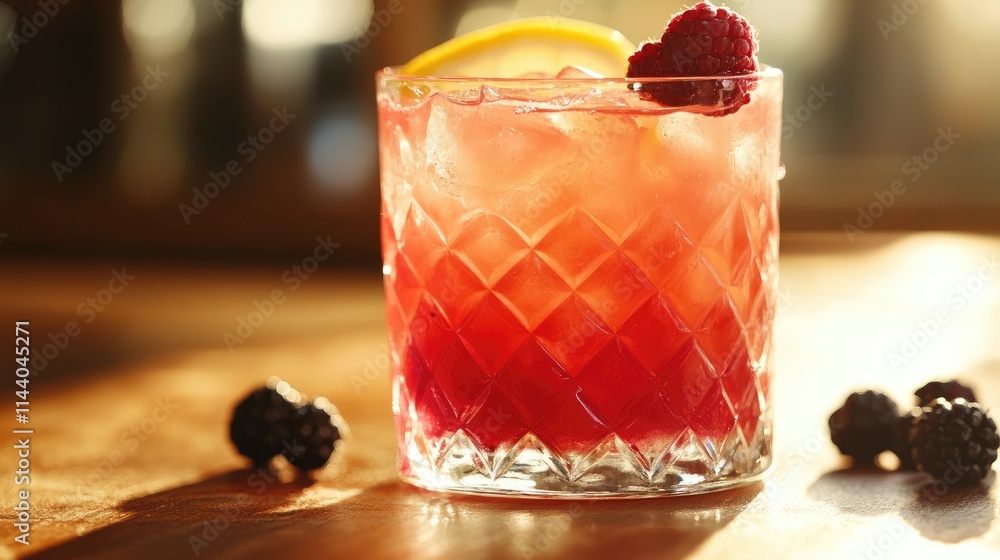 Poster refreshing berry lemonade cocktail served in a glass with lemon slice and raspberries on a rustic wo