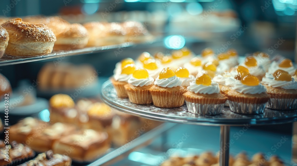 Poster artisan bakery display of assorted sweet pastries and cupcakes garnished with toppings for a temptin