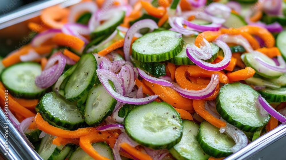 Poster vibrant fresh salad with sliced cucumbers carrots and onions in a bowl presenting colorful and healt