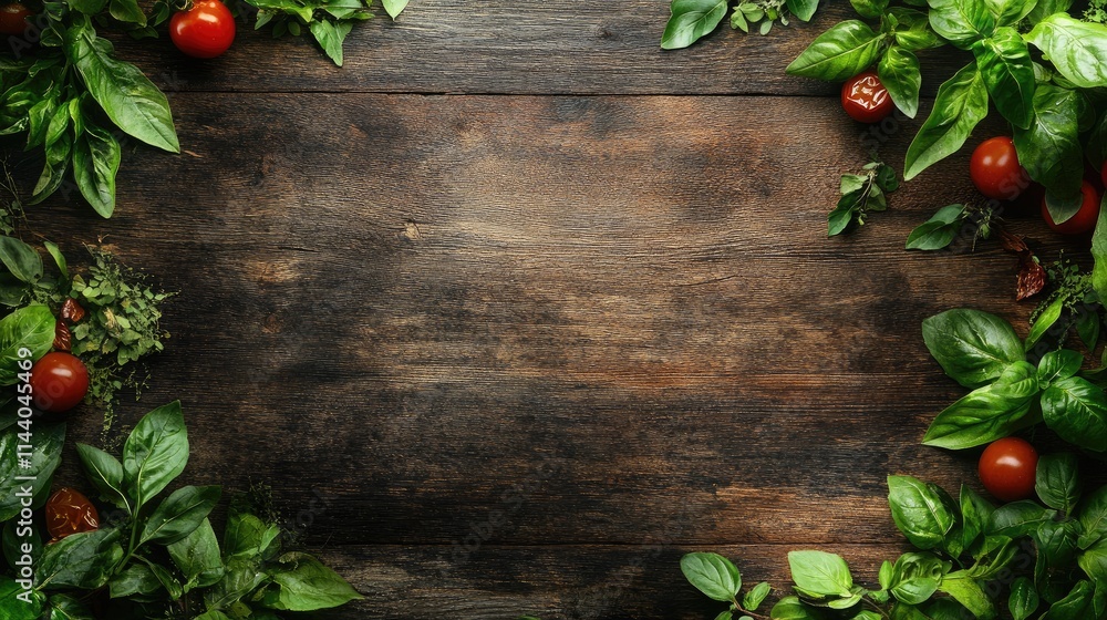 Poster basil and tomatoes arranged on a rustic wooden background creating a fresh and vibrant culinary atmo