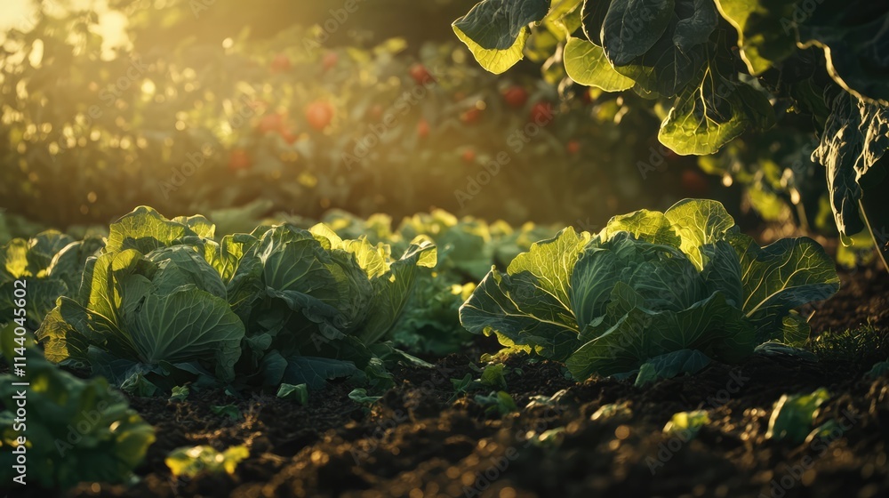 Poster cabbage field basking in golden sunlight with lush greenery and vibrant farm background showcasing f