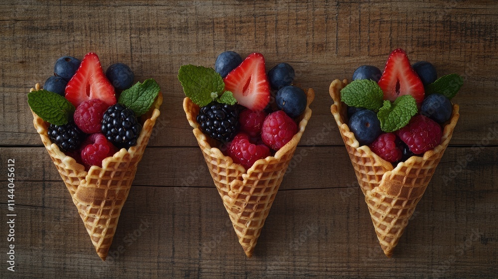 Poster colorful berries arranged in waffle cones on a rustic wooden surface for a delightful summer dessert