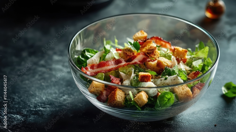 Poster caesar salad with croutons and bacon served in a glass bowl on a dark textured background