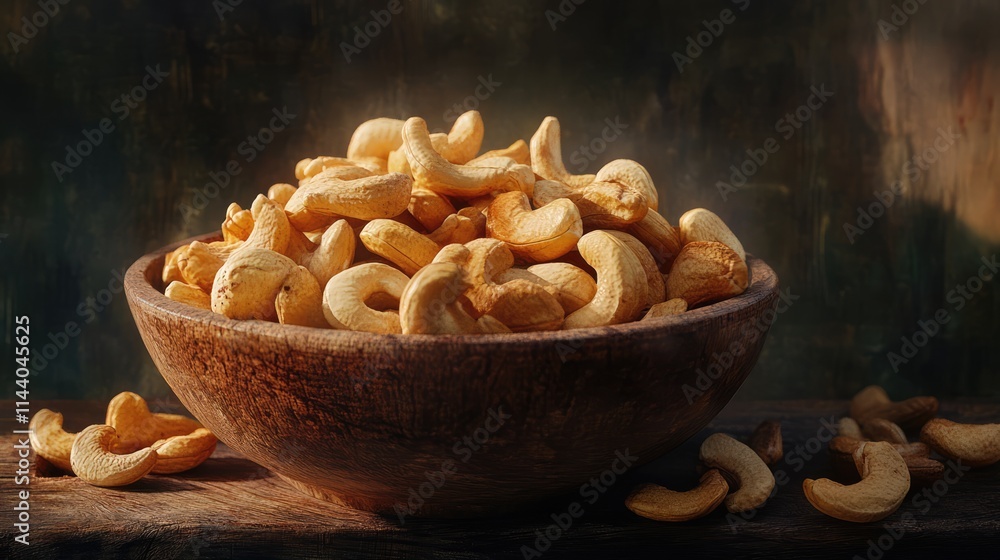 Aufkleber freshly harvested cashew nuts displayed in a rustic wooden bowl with scattered nuts on a wooden surf
