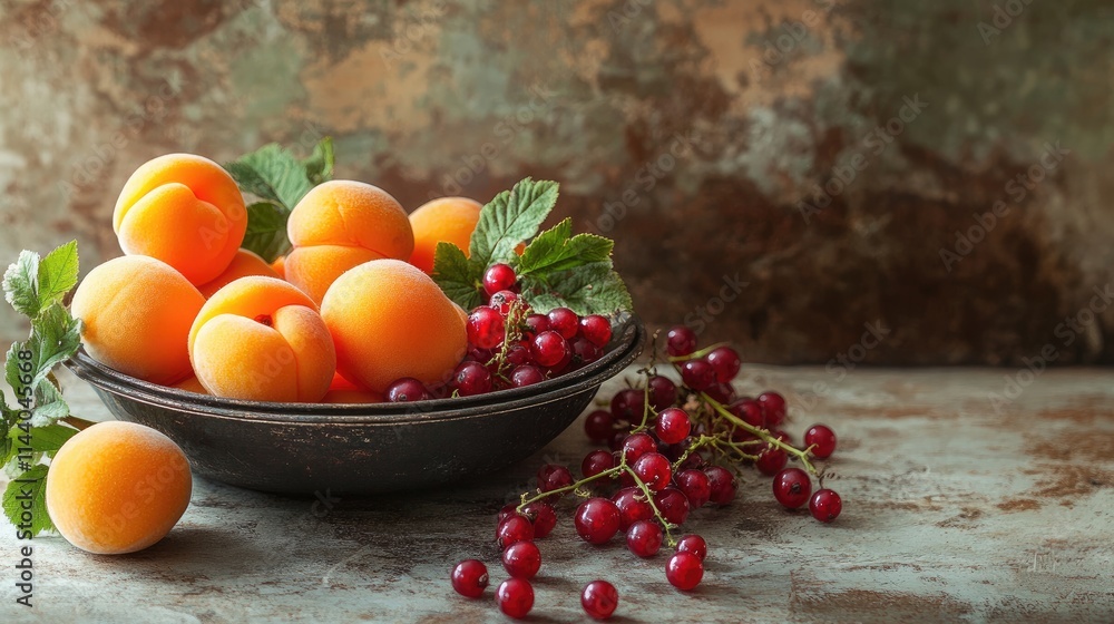 Poster Fresh apricots and red currants arranged in a rustic bowl with green leaves on a textured background in soft natural light