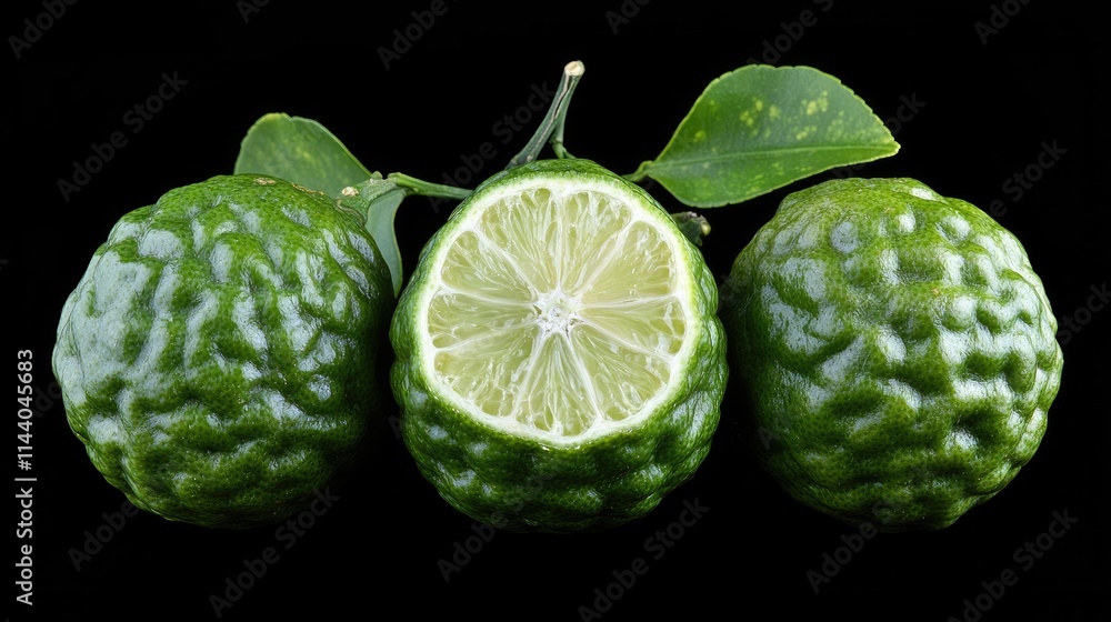 Poster bergamot citrus fruit whole and sliced showcasing texture and vibrant green color on a black backgro