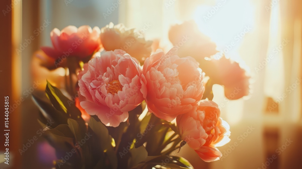 Poster blooming peonies in warm sunlight creating a vibrant and cheerful atmosphere in a soft indoor settin