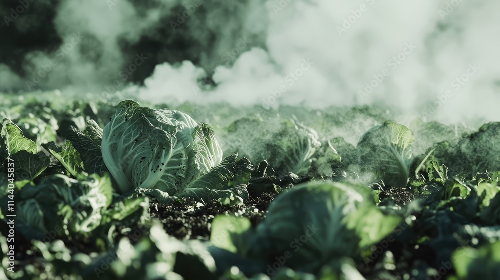Aufkleber harvested cabbage in misty field showcasing fresh produce surrounded by fog emphasizing agricultural