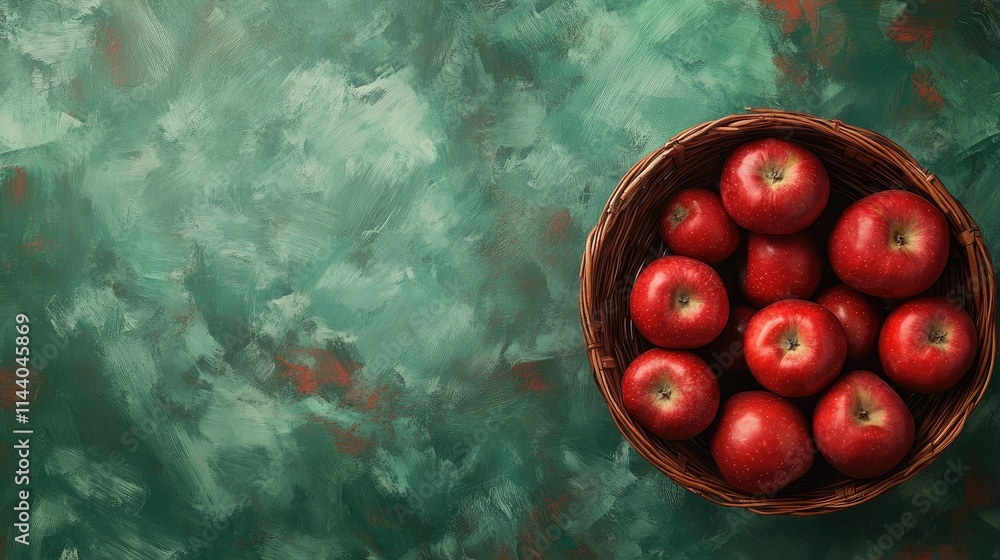 Poster basket of red apples on a textured green background with copy space for fresh produce and healthy li
