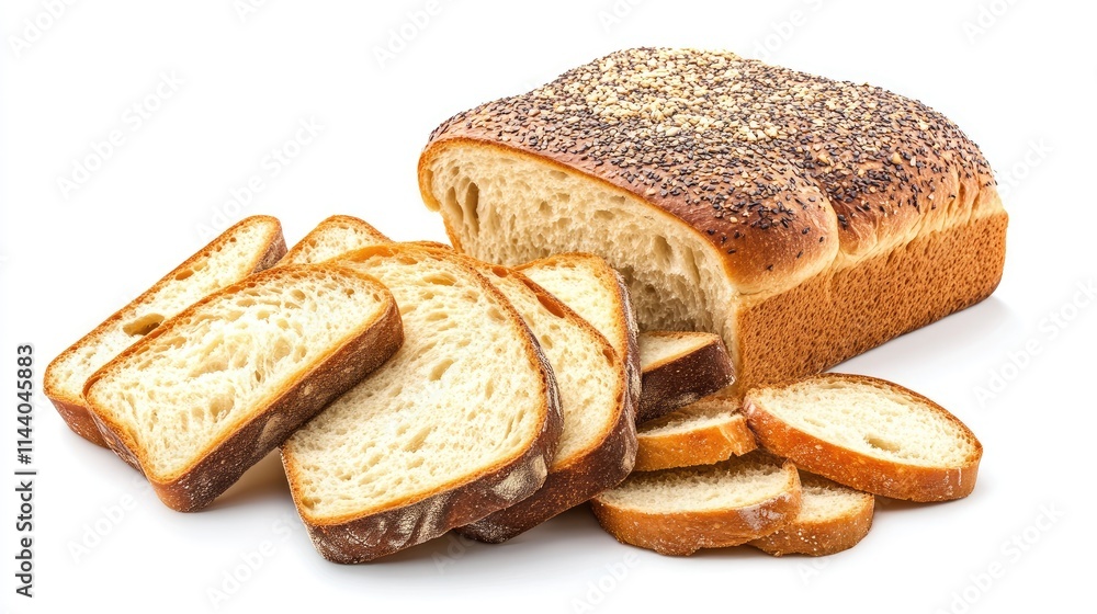 Poster Artisan sliced bread with a golden crust served on a white background showcasing its fresh texture and appetizing appearance