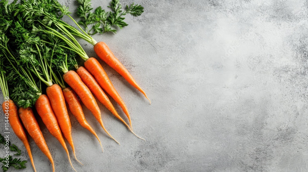 Poster fresh orange carrots with green tops laid on a textured gray background for culinary and health rela