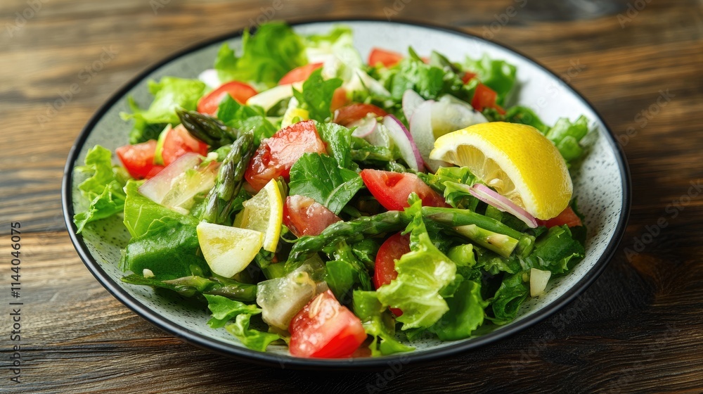 Aufkleber vibrant asparagus salad with fresh vegetables and lemon garnish on a rustic wooden background