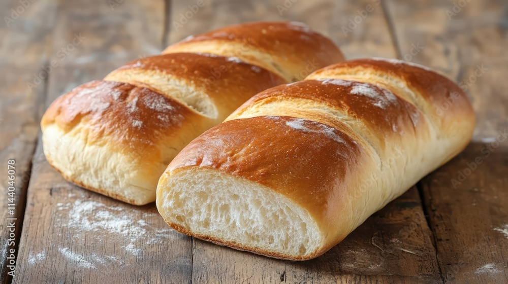 Poster golden brown artisanal bread loaves resting on a rustic wooden surface with flour dust for a warm an