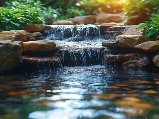 Cascading Crystal Clear Waterfall Flowing into Tranquil Pond Amidst Vibrant Green Foliage