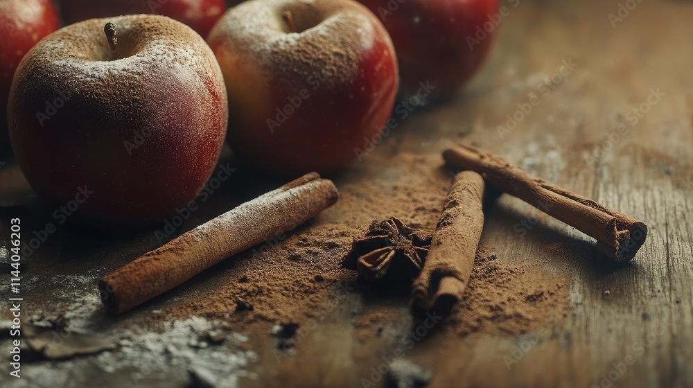 Poster red apples with cinnamon sticks and powdered spice arranged on rustic wooden table background
