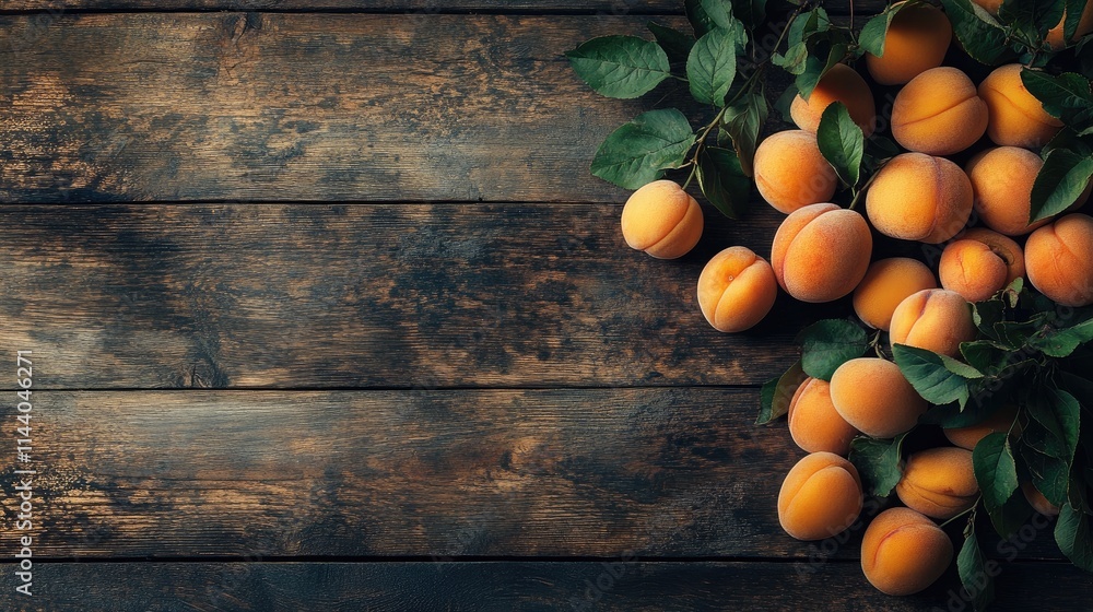 Poster ripe apricots with green leaves arranged on a rustic wooden table background ready for culinary use 