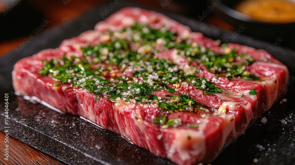 Poster raw beef steak sprinkled with fresh herbs ready for preparation in a rustic kitchen setting.