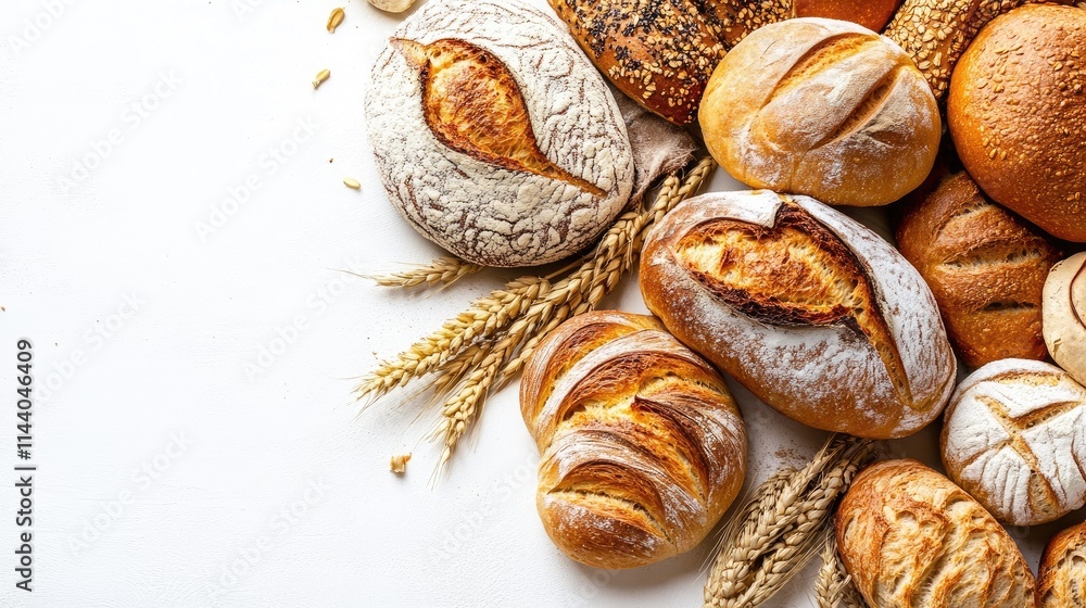 Poster assorted freshly baked artisan bread varieties with wheat ears on a white background ideal for baker