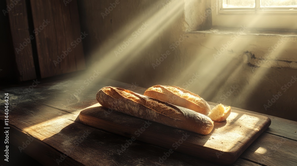 Poster freshly baked baguettes on a wooden cutting board illuminated by sun rays creating a warm still life