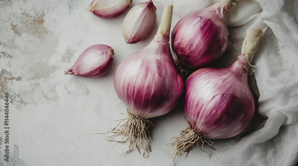 Poster freshly harvested red onions with roots displayed on a textured white background showcasing their vi