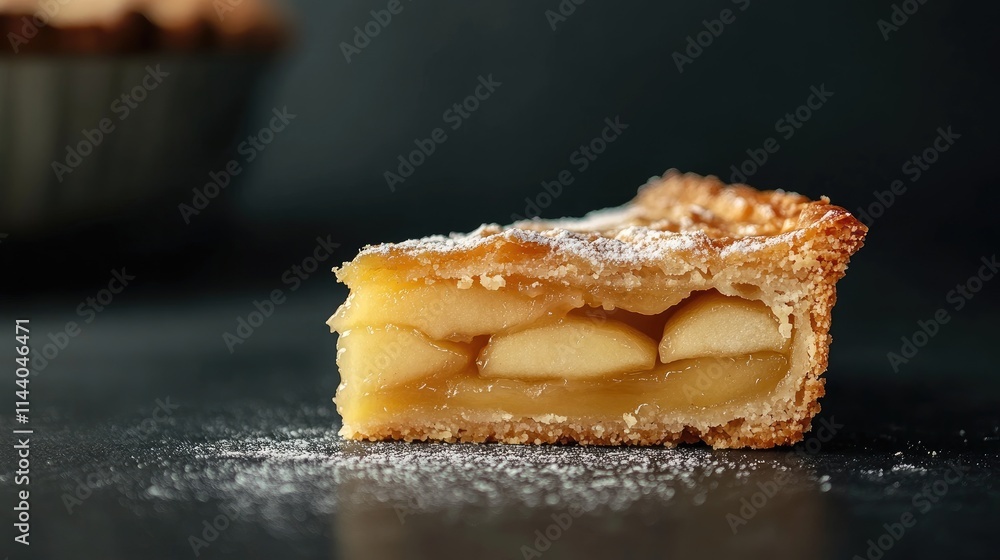 Poster delicious slice of freshly baked apple pie dusted with powdered sugar on a dark background showcasin