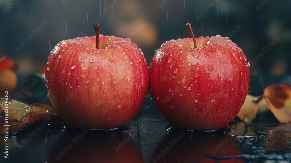 Poster fresh red apples glistening with water droplets on a dark background with blurred foliage capturing 