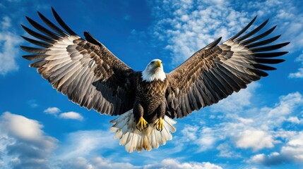 Obraz premium Majestic bald eagle in flight, wings spread wide against a vibrant blue sky with fluffy white clouds.
